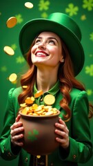 Smiling woman looking up, green hat, woman holds pot with golden coins, lot of golden coins falling down , St. Patrick's Day,
