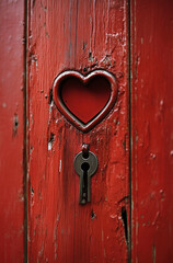 Fototapeta premium The heart-shaped keyhole on the red door symbolizes open love and possibilities.Minimal creative Valentine's holiday concept.Copy space,flat lay 