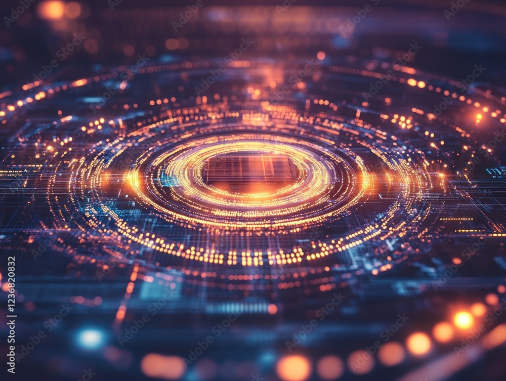 Poster abstract glowing circular technology pattern background with digital data elements for visuals