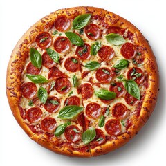 Pepperoni pizza, sliced, basil, white background, food menu
