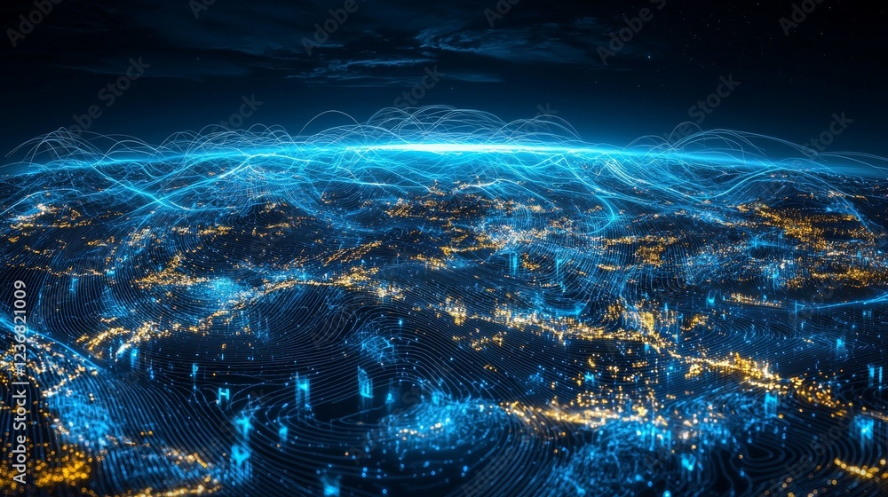 Poster interconnected data points forming 3d abstract visualization of cities