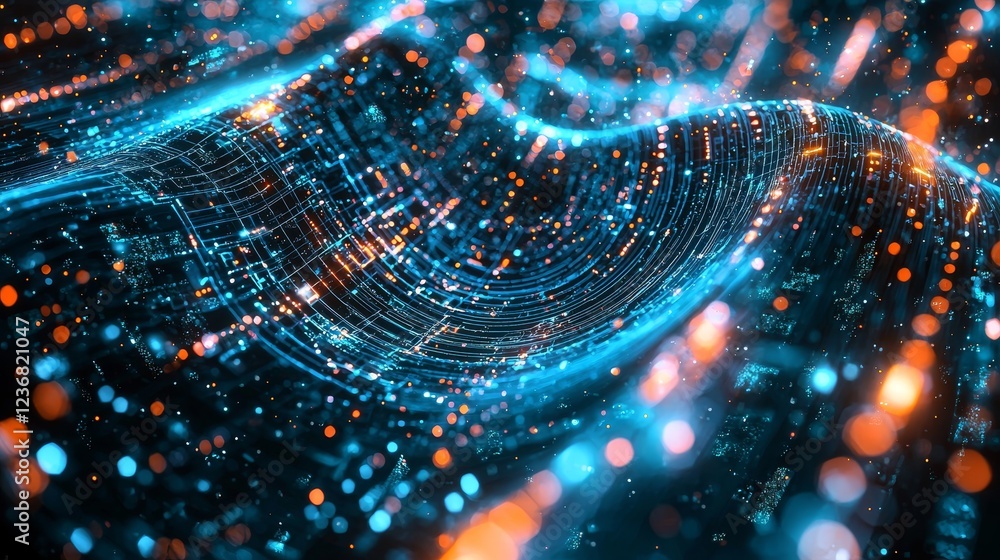 Poster interconnected digital threads swirling in a vibrant abstract background