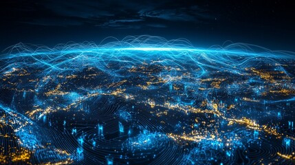 Interconnected Data Points Forming 3D Abstract Visualization of Cities