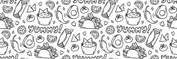 Mexico food doodle pattern. Delicious traditional Mexican cuisine. Taco, avocado, guacamole, chili, burrito, nachos. Cinco de mayo celebration background. Vector outline illustration.