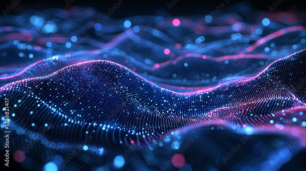 Poster interwoven digital lines creating complex patterns in a vibrant wave