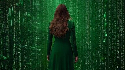 A mysterious woman in a green dress stands before cascading digital code, symbolizing virtual reality, simulation theory, and the blurred lines between digital and physical worlds. - Powered by Adobe