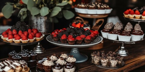 A beautifully arranged display of assorted desserts featuring berries, chocolate treats, and elegant presentation, ideal for bakery promotions or event catering.