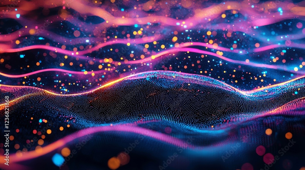 Poster colorful layers signifying depth in cyberspace with glowing particles