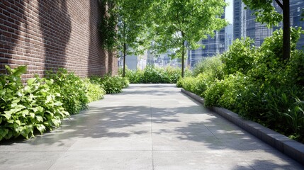 Obraz premium Urban oasis pathway, city backdrop, sunlight, green plants
