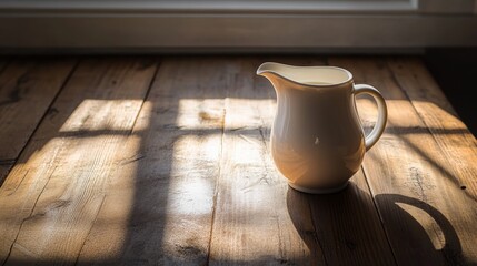 milk pitcher on wooden table in sunlight