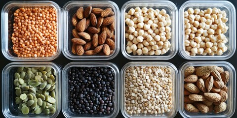 Variety of nuts and seeds in clear containers, ideal for health food promotions, cooking blogs, or nutrition-related content.
