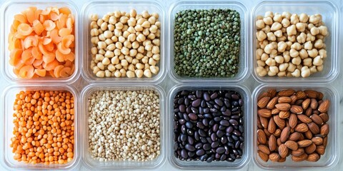Fototapeta premium Colorful assortment of dried legumes and nuts, perfect for health food promotions, cooking blogs, or nutrition-related content.