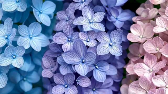 Three different colored flowers with blue, pink and purple petals. The flowers are arranged in a row and are very close to each other