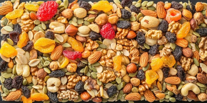 Colorful assortment of nuts and dried fruits, ideal for healthy eating promotions, snack recipes, or nutrition-related content.