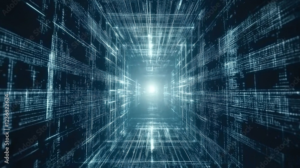 Poster modernist interpretation of digital connection pathways in abstract space