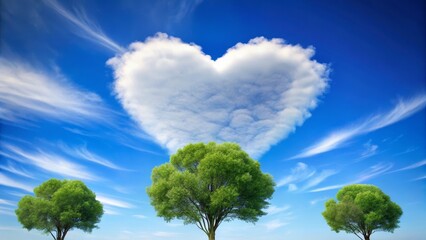 Obraz premium Heart-Shaped Cloud Over Green Trees and Blue Sky Background