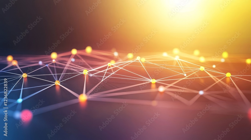 Poster abstract graphic of multiplying connections between colorful nodes