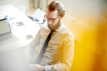 Tablet, sales and business man reading email, profit report and investment with equity salesman....