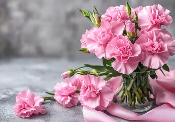 Close up view of a bouquet of light pink carnations in a glass vase, with several individual carnations scattered on a gray textured surface and a