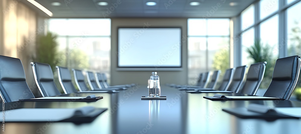 Poster a sleek conference room with a large screen and ample space for text