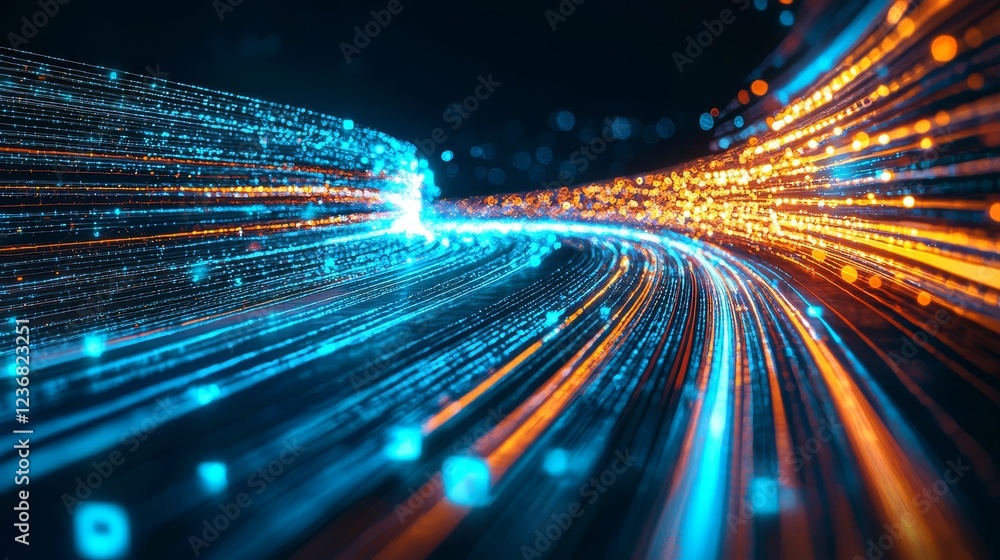 Poster pulsating light trails symbolizing cyberspace dynamics and energy flow