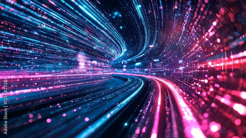 Poster pulsating light trails symbolizing cyberspace journey through digital realm