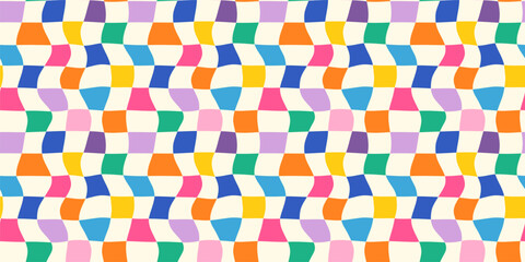 Colorful distorted groovy retro plaid seamless vector pattern in rainbow colors, Abstract wavy squares, checkerboard background
