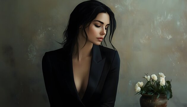 A woman in black jacket gazes downward near white roses