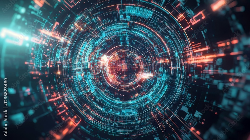 Poster radiating digital forms with abstract elements in futuristic visualization