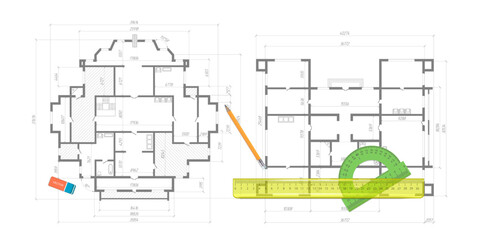 Engineering education. Architectural plan .Ruler and protractor. House plan project . Vector illustration