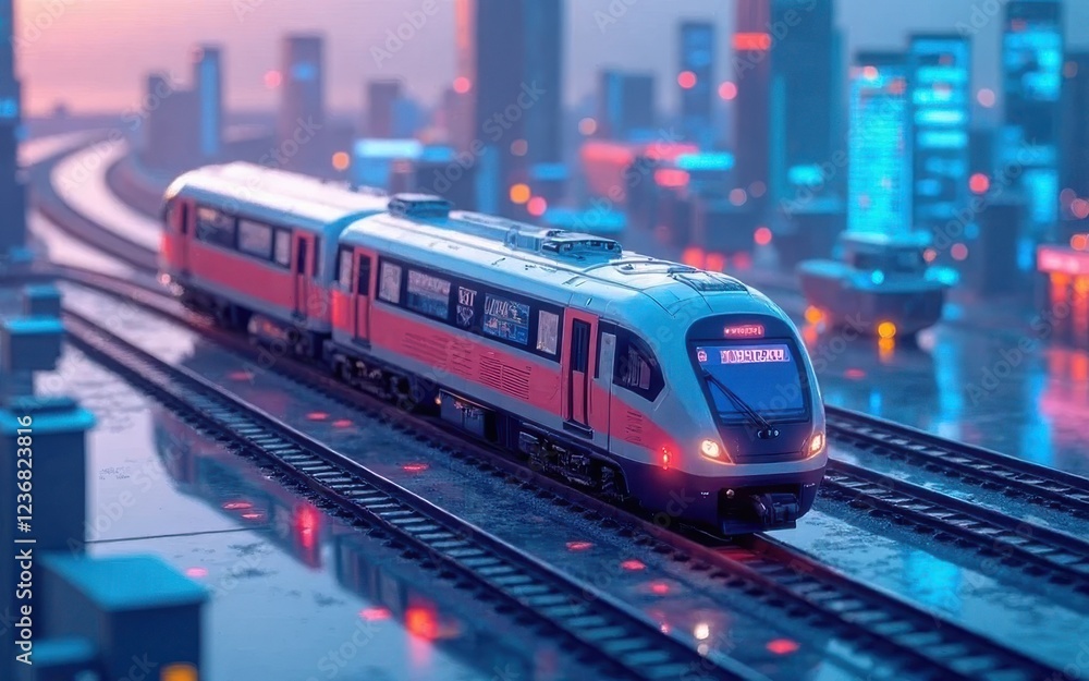 Poster high-tech smart railway on a digital infrastructure featuring a connected station with next-gen tran