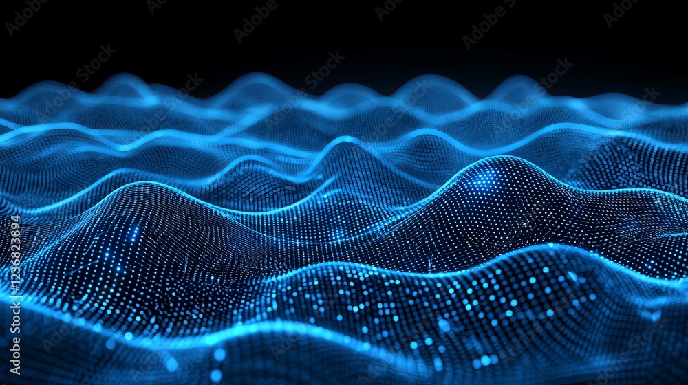 Poster sleek digital waves flowing with binding elements of data in blue colors