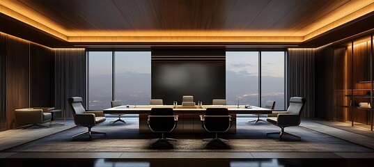 A sleek conference room with a large screen and ample space for text