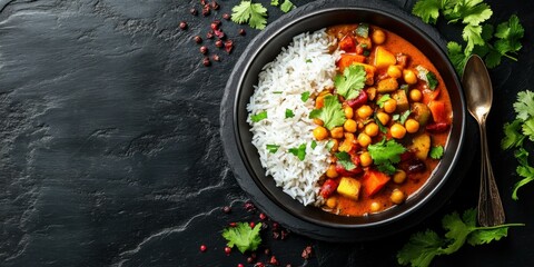 Colorful vegetarian curry with rice, perfect for food blogs, restaurant menus, and cooking magazines.