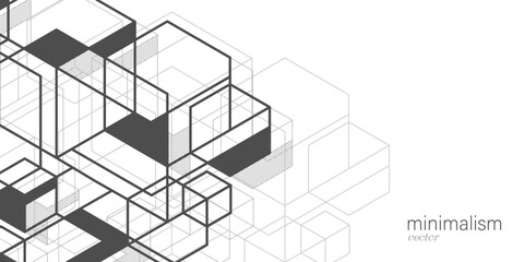 White background from cubes and lines. Linear geometric drawing. Abstraction, Vector illustration.