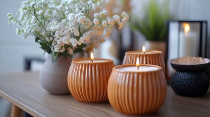 Modern and elegant candle in an orange jar with a white wick, placed on a wavy gray ceramic plate. Next to it is a wooden stick to light the candle. A bouquet of flowers lies nearby,