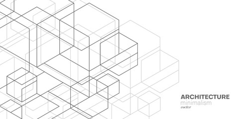 Abstract architecture. White background from cubes and lines. Linear geometric drawing. Vector illustration.