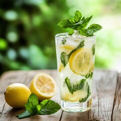 Fototapeta premium Refreshing iced lemonade with fresh mint leaves on a wooden table surrounded by nature