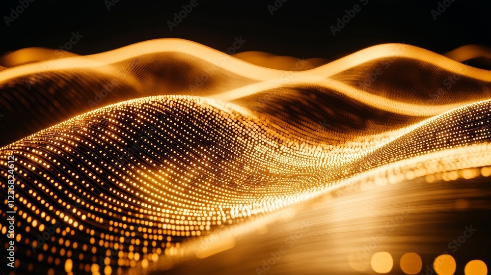 Poster surreal network landscape with golden waves and abstract visual elements