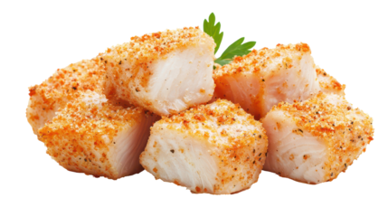 Crispy fish fillet chunks with breadcrumbs, perfect for baking or frying
