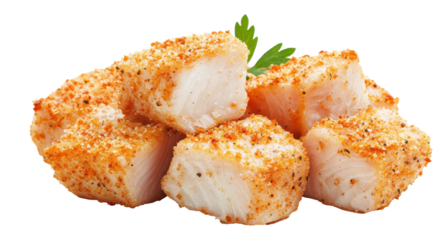Crispy fish fillet chunks with breadcrumbs, perfect for baking or frying