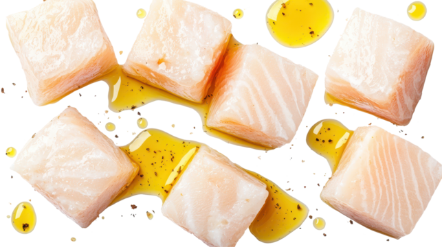 Fresh fish fillet cubes with olive oil and spices
