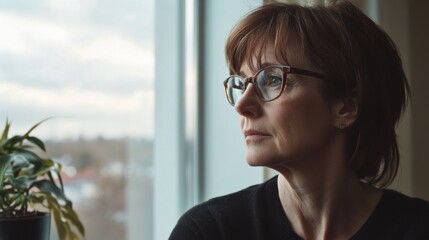 woman looking out window contemplative thoughtful