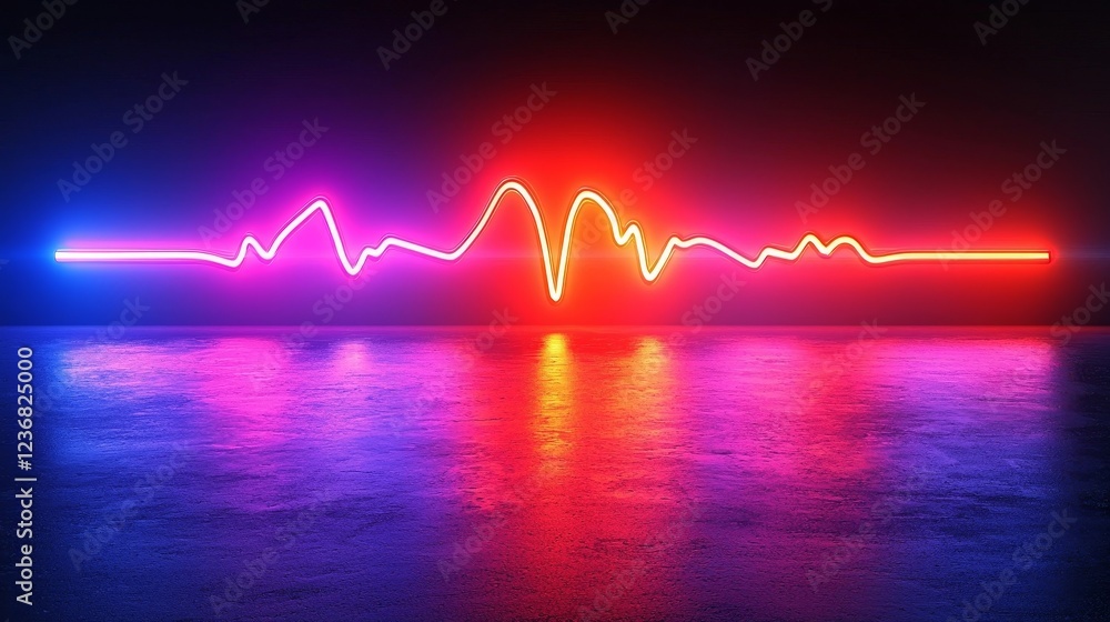 Poster pulsing neon heartbeat line in gradient blue background for product concept display