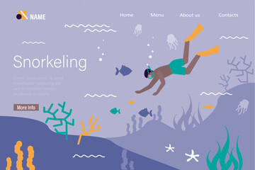 Snorkeling, landing page template. Diving underwater. Tourist diver, tanned man with oxygen masks, goggles and tube, swimming under water, exploring marine coral reef, seabed.