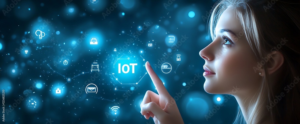 Poster woman interacts with futuristic iot interface, showcasing connected devices and data flow.