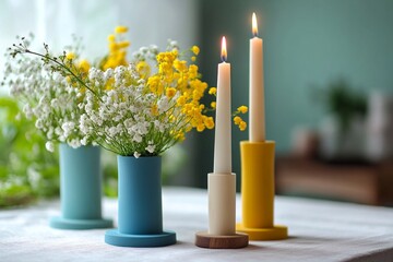 Beautiful modern candles in yellow glasses with wooden lids, next to them there are white wood carvings made of wavy pieces on the table, and nearby there are also some flowers on a concrete backgroun