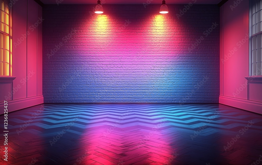 Poster bold neon zigzag pattern on gradient blue purple backdrop for product display