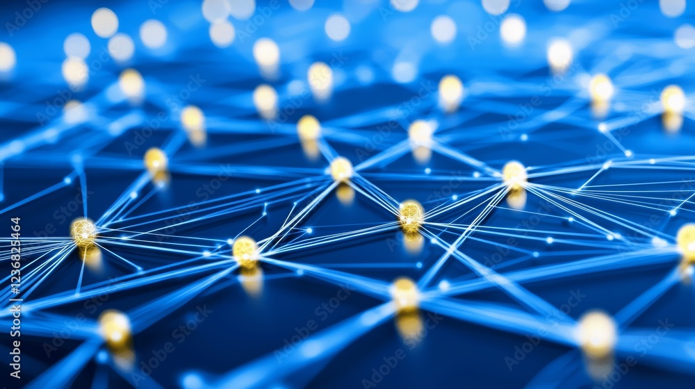 Poster intricate triangular pathways with illuminated connections in blue background