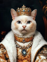 Custom cat portrait, Regal White Cat Wearing Gold Crown and Ornate Robe with Jewel Details